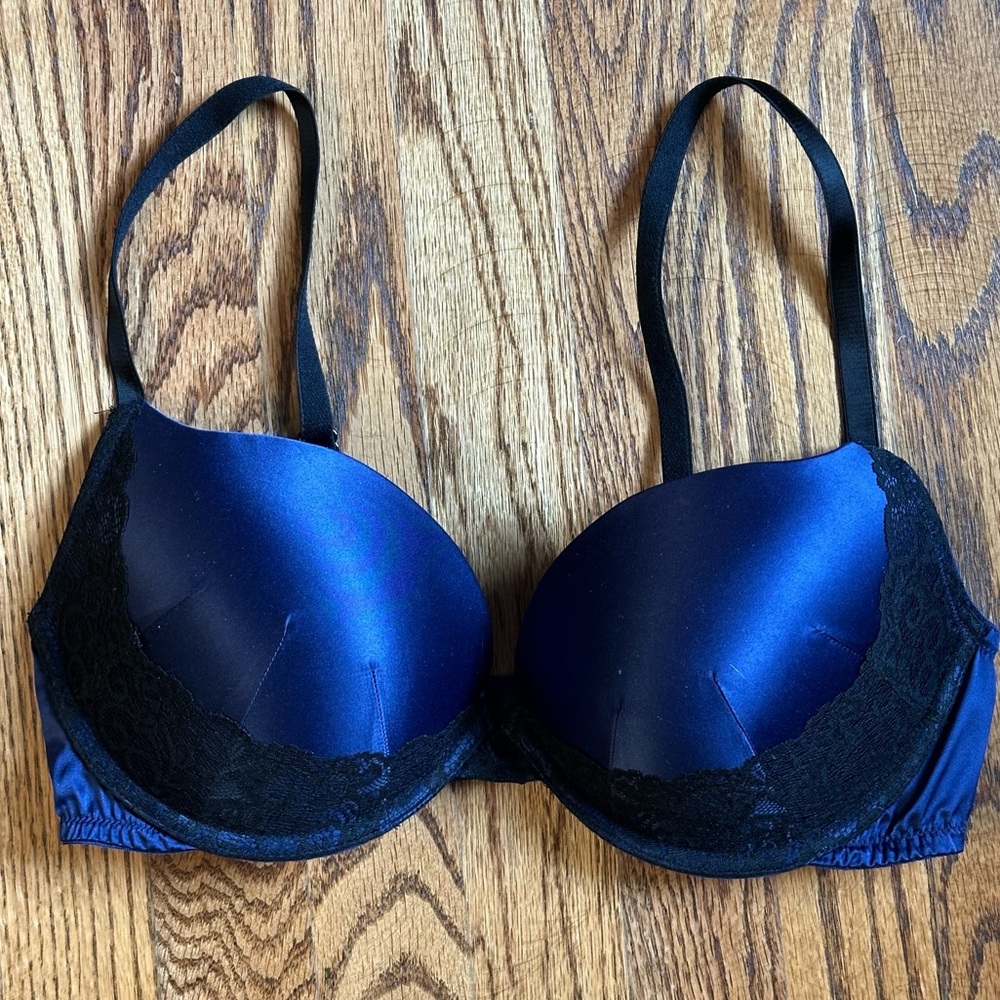 Black and Blue Satin Lace Bra